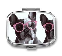 Travel Pill Case Small Pill Box Portable Pills Organizer with 2 Compartments French Bulldog Pink Glasses Pocket Pills Container Fish Oil Box Cute Medicine Organizer Vitamin Organizers