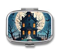 Travel Pill Case Small Pill Box Portable Pills Organizer with 2 Compartments Haunted House Tree Witch Halloween Pocket Pills Container Fish Oil Box Cute Medicine Organizer Vitamin Organizers