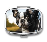 Travel Pill Case Small Pill Box Portable Pills Organizer with 2 Compartments Puppy Dog Boston Terrier Pocket Pills Container Fish Oil Box Cute Medicine Organizer Vitamin Organizers