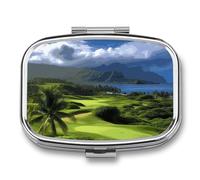 Travel Pill Case Small Pill Box Portable Pills Organizer with 2 Compartments Scenic Hawaii Golf Tropical Pocket Pills Container Fish Oil Box Cute Medicine Organizer Vitamin Organizers