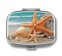Travel Pill Case Small Pill Box Portable Pills Organizer with 2 Compartments Starfish Seashell Beach Pocket Pills Container Fish Oil Box Cute Medicine Organizer Vitamin Organizers