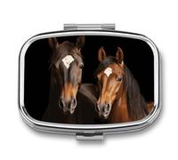 Travel Pill Case Small Pill Box Portable Pills Organizer with 2 Compartments Two Horses Standing on Black Background Pocket Pills Container Fish Oil Box Cute Medicine Organizer Vitamin Organizers