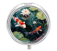 Travel Pill Organizer Box 3 Compartment, Small Medicine Case, Fish Pocket Daily Pharmacy Container, Metal Medication Holder Dispenser for Vitamin Supplement Storage - Colorful Koi Fishes Pond