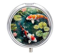 Travel Pill Organizer Box 3 Compartment, Small Medicine Case, Fishes Pocket Daily Pharmacy Container, Metal Medication Holder Dispenser for Vitamin Supplement Storage - Green Pond with Fish Koi