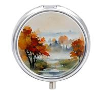 Travel Pill Organizer Box 3 Compartment, Small Medicine Case, Pocket Daily Pharmacy Container, Metal Medication Holder Dispenser for Vitamin - Autumn Forest Maple Tree and River Watercolor Painting