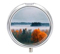 Travel Pill Organizer Box 3 Compartment, Small Medicine Case, Pocket Daily Pharmacy Container, Metal Medication Holder Dispenser for Vitamin - Fall Finland Forest Maple Tree & River Painting