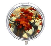 Travel Pill Organizer Box 3 Compartment, Small Medicine Case, Pocket Daily Pharmacy Container, Metal Medication Holder Dispenser for Vitamin Supplement Storage - Autumn Tree Red Maple Leaves Painting