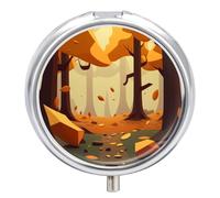 Travel Pill Organizer Box 3 Compartment, Small Medicine Case, Pocket Daily Pharmacy Container, Metal Medication Holder Dispenser for Vitamin - Autumn Sunset Forest Flat Design Painting