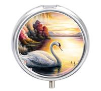 Travel Pill Organizer Box 3 Compartment, Small Medicine Case, Pocket Daily Pharmacy Container, Metal Medication Holder Dispenser for Vitamin Supplement Storage - Sunset Swan Lake with Lotus Painting