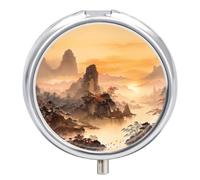 Travel Pill Organizer Box 3 Compartment, Small Medicine Case, Pocket Daily Pharmacy Container, Metal Medication Holder Dispenser for Vitamin - Ancient Chinese Mountain & Birds Landscape Ink Painting