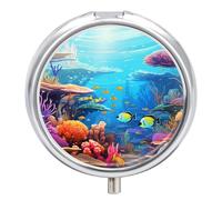 Travel Pill Organizer Box 3 Compartment, Small Medicine Case, Pocket Daily Pharmacy Container, Metal Medication Holder Dispenser for Vitamin Supplement Storage - Underwater Coral Reef Painting