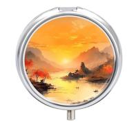 Travel Pill Organizer Box 3 Compartment, Small Medicine Case, Pocket Daily Pharmacy Container, Metal Medication Holder Dispenser for Vitamin - Ancient Chinese Mountain & Ships Landscape Painting