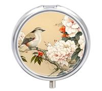 Travel Pill Organizer Box 3 Compartment, Small Medicine Case, Pocket Daily Pharmacy Container, Metal Medication Holder Dispenser for Vitamin - Bird & Flower Chinese Meticulous Painting