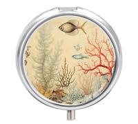 Travel Pill Organizer Box 3 Compartment, Small Medicine Case, Pocket Daily Pharmacy Container, Metal Medication Holder Dispenser for Vitamin Supplement Storage - Vintage Ocean Fish & Coral Reef