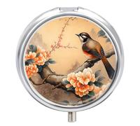 Travel Pill Organizer Box 3 Compartment, Small Medicine Case, Pocket Daily Pharmacy Container, Metal Medication Holder Dispenser for Vitamin Supplement Storage - Bird Tree & Peony Chinese Painting
