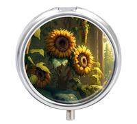 Travel Pill Organizer Box 3 Compartment, Small Medicine Case, Pocket Daily Pharmacy Container, Metal Medication Holder Dispenser for Vitamin Supplement Storage - Sunflower Bloom Flowers Garden