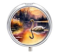 Travel Pill Organizer Box 3 Compartment, Small Medicine Case, Pocket Daily Pharmacy Container, Metal Medication Holder Dispenser for Vitamin - Sunset Swan Lake with Flowers Tree Mountain Painting