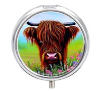 Travel Pill Organizer Box 3 Compartment, Small Medicine Case, Pocket Daily Pharmacy Container, Metal Medication Holder Dispenser for Vitamin - Watercolor Highland Cows with Floral Painting