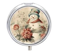 Travel Pill Organizer Box 3 Compartment, Small Medicine Case, Pocket Daily Pharmacy Container, Metal Medication Holder Dispenser for Vitamin - Snowman with Red Flower Retro Painting