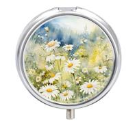 Travel Pill Organizer Box 3 Compartment, Small Medicine Case, Watercolor Sunny Meadow Pocket Daily Pharmacy Container, Metal Medication Holder Dispenser for Vitamin - Daisy Flower Field