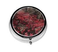 Travel Pill Organizer - Mini Metal Electroplated Round Pill Box, 3 Times a Day Medicine Organizer red Leaves