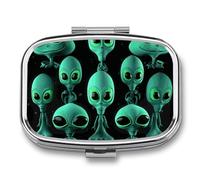 Travel Pill Organizer Portable Pill Box with 2 Compartment Aliens Pill Case with Mirror Small Pill Holder Daily Pill Container Decorative Vitamin Organizer