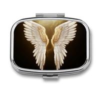 Travel Pill Organizer Portable Pill Box with 2 Compartment Angel Wing Pill Case with Mirror Small Pill Holder Daily Pill Container Decorative Vitamin Organizer