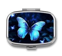 Travel Pill Organizer Portable Pill Box with 2 Compartment Blue Butterfly Pill Case with Mirror Small Pill Holder Daily Pill Container Decorative Vitamin Organizer