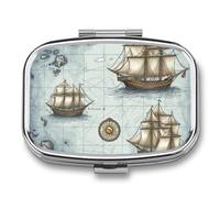 Travel Pill Organizer Portable Pill Box with 2 Compartment Boat Map Pill Case with Mirror Small Pill Holder Daily Pill Container Decorative Vitamin Organizer