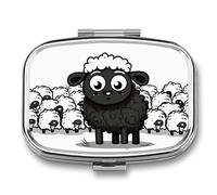 Travel Pill Organizer Portable Pill Box with 2 Compartment Cartoon Black White Sheep Pill Case with Mirror Small Pill Holder Daily Pill Container Decorative Vitamin Organizer