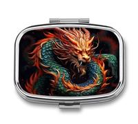 Travel Pill Organizer Portable Pill Box with 2 Compartment Chinese Dragon Pill Case with Mirror Small Pill Holder Daily Pill Container Decorative Vitamin Organizer