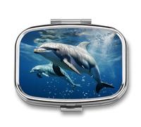 Travel Pill Organizer Portable Pill Box with 2 Compartment Cute Dolphins Pill Case with Mirror Small Pill Holder Daily Pill Container Decorative Vitamin Organizer