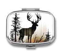 Travel Pill Organizer Portable Pill Box with 2 Compartment Deer Silhouette Pill Case with Mirror Small Pill Holder Daily Pill Container Decorative Vitamin Organizer