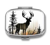 Travel Pill Organizer Portable Pill Box with 2 Compartment Deer Silhouette Pill Case with Mirror Small Pill Holder Daily Pill Container Decorative Vitamin Organizer
