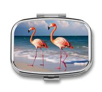 Travel Pill Organizer Portable Pill Box with 2 Compartment Flamingo On The Beach Pill Case with Mirror Small Pill Holder Daily Pill Container Decorative Vitamin Organizer