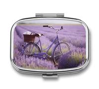 Travel Pill Organizer Portable Pill Box with 2 Compartment Lavender Field Bike Pill Case with Mirror Small Pill Holder Daily Pill Container Decorative Vitamin Organizer