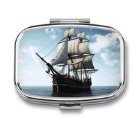 Travel Pill Organizer Portable Pill Box with 2 Compartment Old Sailing Ship Pill Case with Mirror Small Pill Holder Daily Pill Container Decorative Vitamin Organizer
