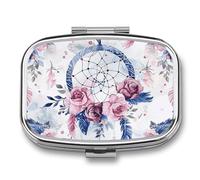Travel Pill Organizer Portable Pill Box with 2 Compartment Peach Dream Catcher Pill Case with Mirror Small Pill Holder Daily Pill Container Decorative Vitamin Organizer