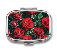 Travel Pill Organizer Portable Pill Box with 2 Compartment Red Rose Romantic Pill Case with Mirror Small Pill Holder Daily Pill Container Decorative Vitamin Organizer