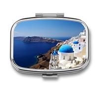 Travel Pill Organizer Portable Pill Box with 2 Compartment Santorini Greek Island Sea View Pill Case with Mirror Small Pill Holder Daily Pill Container Decorative Vitamin Organizer