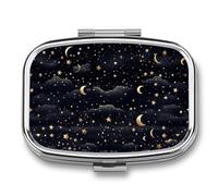 Travel Pill Organizer Portable Pill Box with 2 Compartment Stars and Moon on Dark Background Pill Case with Mirror Small Pill Holder Daily Pill Container Decorative Vitamin Organizer
