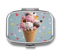 Travel Pill Organizer Portable Pill Box with 2 Compartment Sweet Ice Cream Pill Case with Mirror Small Pill Holder Daily Pill Container Decorative Vitamin Organizer