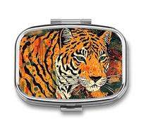 Travel Pill Organizer Portable Pill Box with 2 Compartment Tiger Botanical Print Pill Case with Mirror Small Pill Holder Daily Pill Container Decorative Vitamin Organizer
