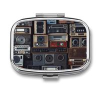 Travel Pill Organizer Portable Pill Box with 2 Compartment Vintage Wall of Radio Boombox Pill Case with Mirror Small Pill Holder Daily Pill Container Decorative Vitamin Organizer