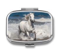 Travel Pill Organizer Portable Pill Box with 2 Compartment White Horse Running on The Sea Pill Case with Mirror Small Pill Holder Daily Pill Container Decorative Vitamin Organizer