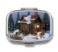 Travel Pill Organizer Portable Pill Box with 2 Compartment Wooden Rustic Log Cottage Scenery Pill Case with Mirror Small Pill Holder Daily Pill Container Decorative Vitamin Organizer