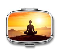 Travel Pill Organizer Portable Pill Box with 2 Compartment Yoga Meditation Pill Case with Mirror Small Pill Holder Daily Pill Container Decorative Vitamin Organizer