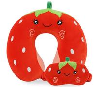 Travel Pillow, Kids Travel Pillow with Sleep Eye Mask, Soft Memory Foam Neck Pillow for Kids Boys & Girls, Teens, Travel Accessories for Airplane - Red Strawberry Neck Pillow