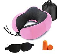 Travel Pillow Memory Foam Neck Pillow for Airplane，Adjustable Flight Pillow Ergonomic Neck Cushion for Adults With Ear Plugs, Eye Mask, Carry Bag (Pink)