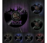 Travel Prague Vinyl Record Wall Clock Czech Republic Cityscape Wall Art Prague Skyline Home Decor With LED
